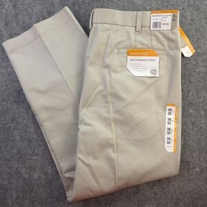 New Savane Performance Chino Pants 38x30 Beige Solid Soft Touch Wrinkle Free